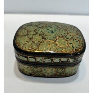 Vtg KASHMIR INDIA Hand Made Trinket Box Paper Mache Lacquer 3” Green Gold Floral